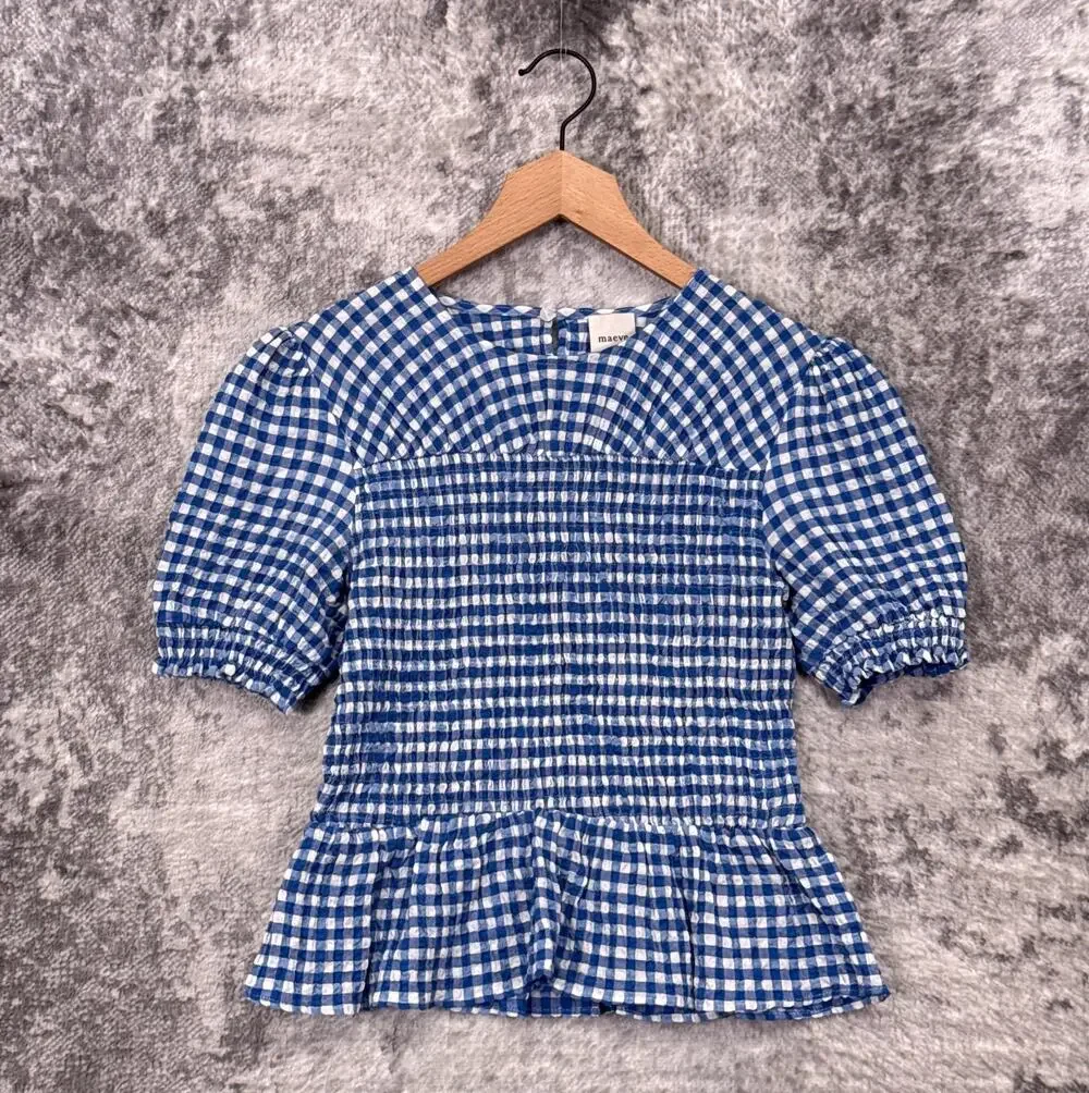 Anthropologie Top Small Womens Maeve Smocked Bodice Puff Blue Gignham Peplum